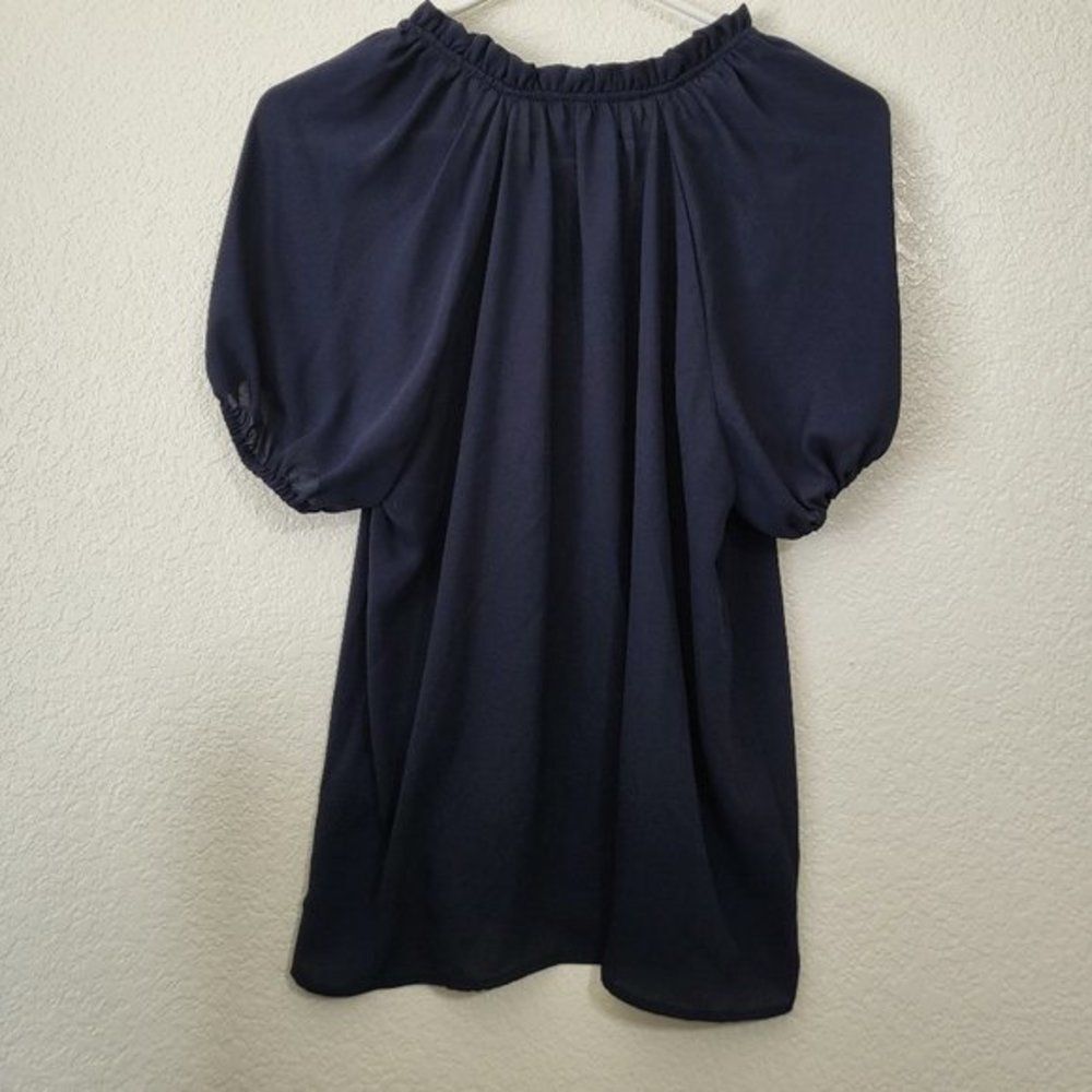 Women's Elie Tahari Tie Ruffle Neck Blouse Elastic Short‎ Sleeves Blue Top Sz S - Picture 8 of 8